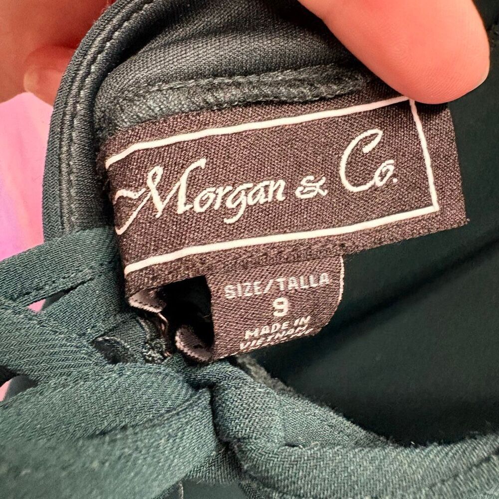 Morgan & Co 9 Forest Green Flowy Formal Gown Long Dress Lace Up Back Lace Sequin - Picture 5 of 13